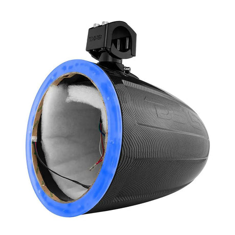 DS18 unloaded tower speaker pod with a carbon-pattern finish, blue front ring and mounting clamp