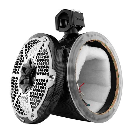 DS18 carbon-fiber-look speaker pod with grille removed to show its padded interior