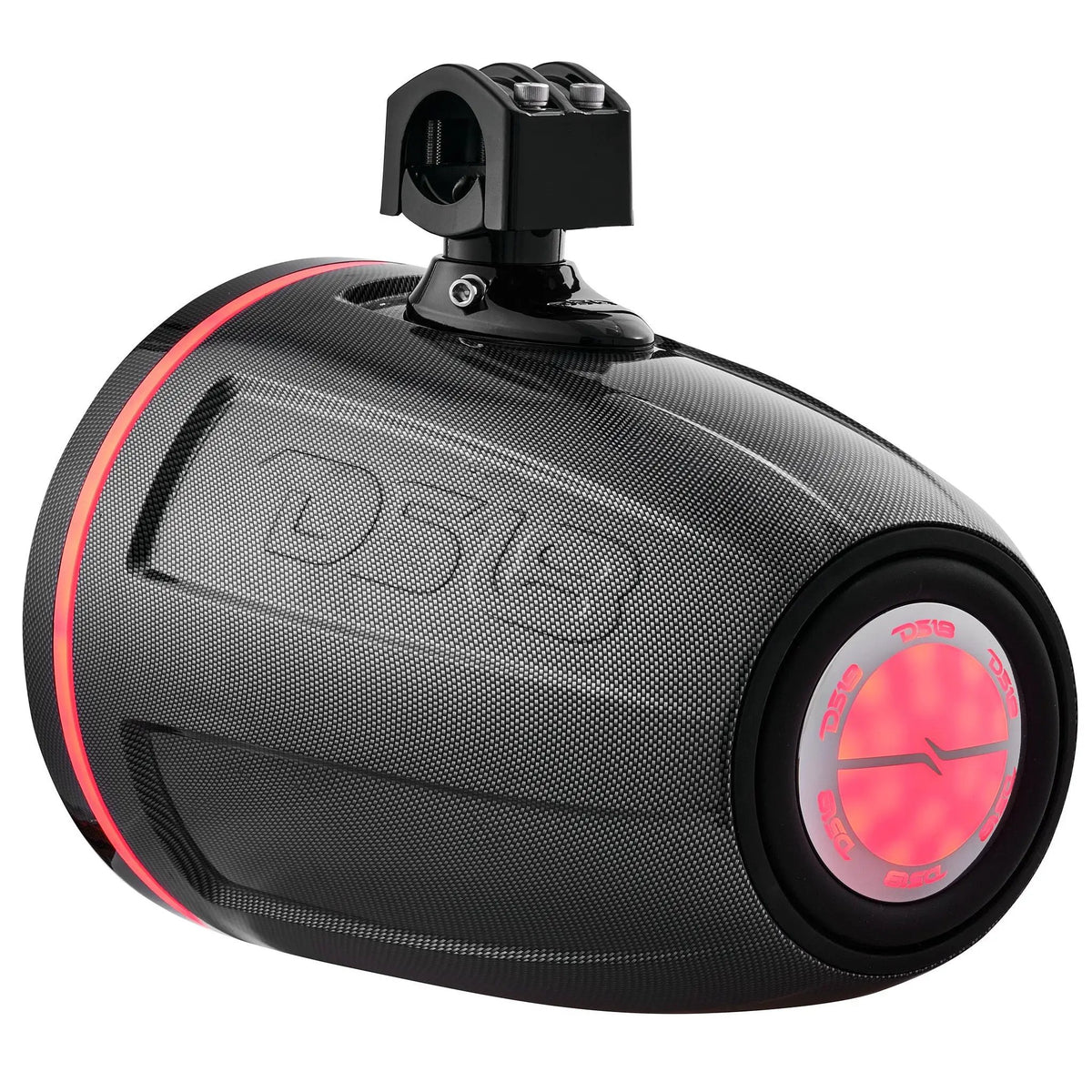 Rear view of DS18 carbon-fiber-look speaker pod with illuminated red badge and accent ring