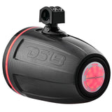 Rear view of DS18 carbon-fiber-look speaker pod with illuminated red badge and accent ring