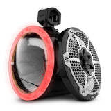 Empty DS18 carbon-fiber-look speaker pod with red accent ring and detached silver grille