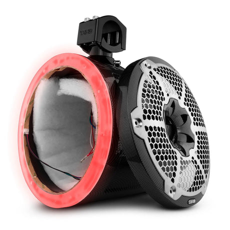 Empty DS18 carbon-fiber-look speaker pod with red accent ring and detached silver grille