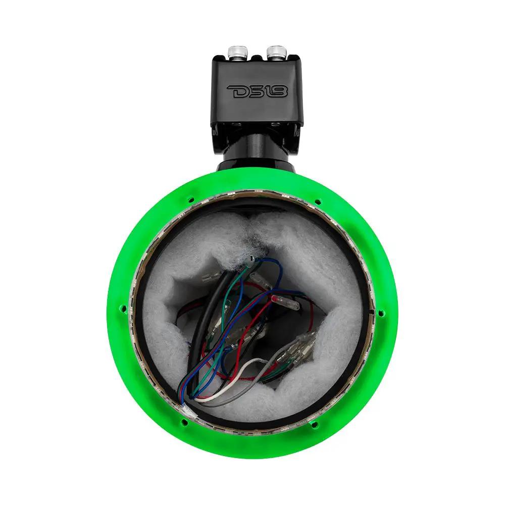 Front view of an empty DS18 speaker pod with green accent ring, internal wiring and mounting clamp