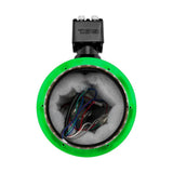 Front view of an empty DS18 speaker pod with green accent ring, internal wiring and mounting clamp