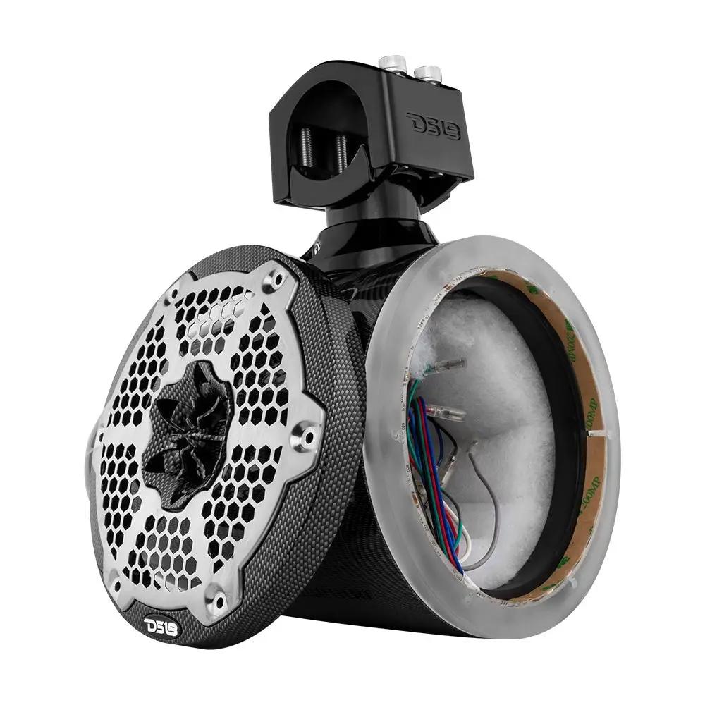 DS18 carbon-fiber-look speaker pod with its silver grille removed beside the open housing