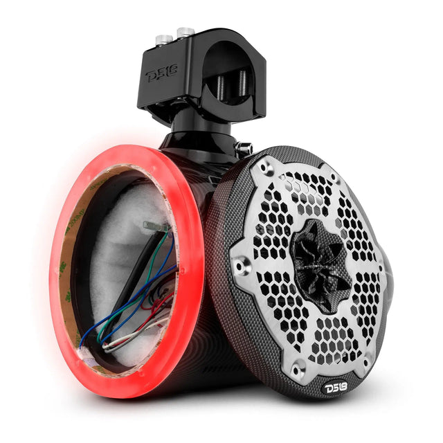 DS18 carbon-fiber-finish speaker pod with grille removed, showing interior wiring and a red illuminated ring