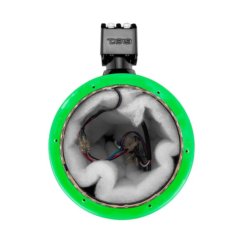 Front of the DS18 CF-X8TP.NS unloaded pod with green illuminated ring, interior lining and speaker wires