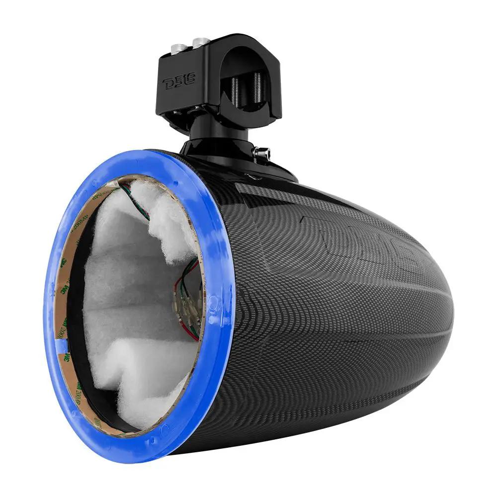 Angled view of an empty DS18 carbon-fiber-look speaker pod with blue accent ring and mounting clamp