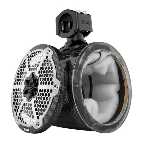 DS18 unloaded tower speaker pod with a carbon-pattern finish and detached silver-and-black grille
