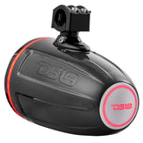 DS18 carbon-fiber-finish speaker pod rear angle showing its mounting clamp and red illuminated logo