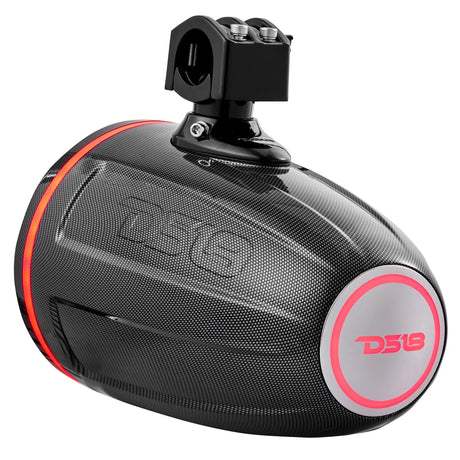 DS18 carbon-fiber-finish speaker pod rear angle showing its mounting clamp and red illuminated logo