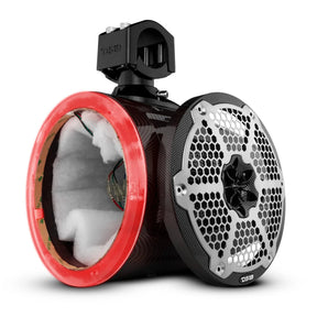 DS18 unloaded tower speaker pod with a red illuminated ring and detached grille