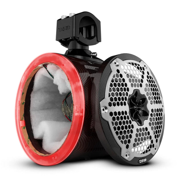 DS18 unloaded tower speaker pod with a red illuminated ring and detached grille
