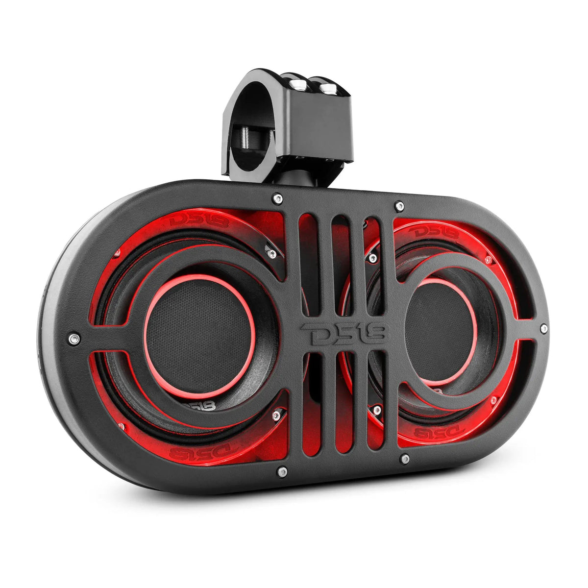 Angled front view of a black DS18 dual-speaker pod with red lighting and a central mounting clamp