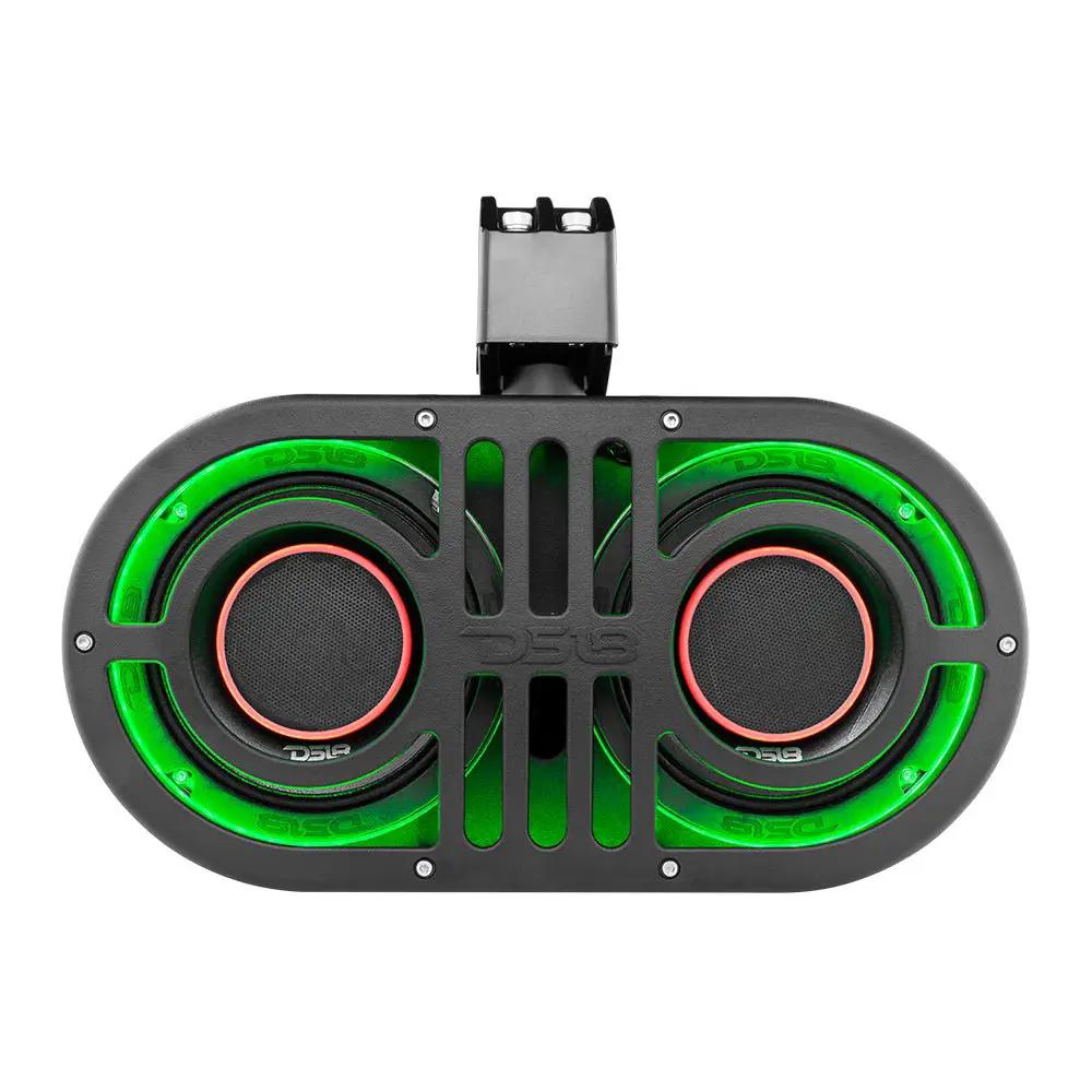 Front view of a black dual-speaker DS18 soundbar with green illumination and a top mounting clamp