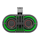 Front view of a black dual-speaker DS18 soundbar with green illumination and a top mounting clamp