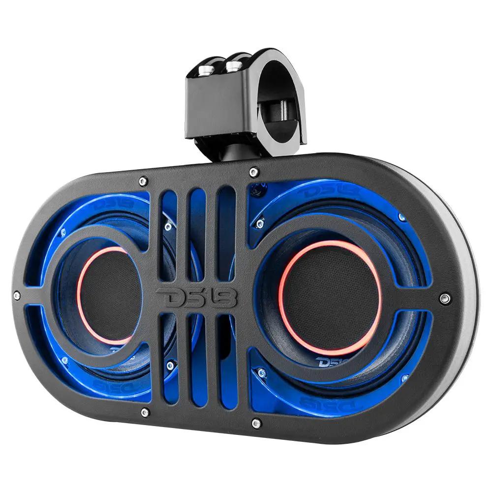 Angled front view of a black dual-speaker DS18 soundbar with blue illumination and a top clamp