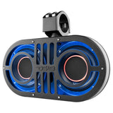 Angled front view of a black dual-speaker DS18 soundbar with blue illumination and a top clamp