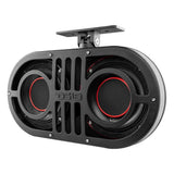 Angled front view of a black dual-speaker DS18 soundbar with red cone accents and a flat mounting bracket