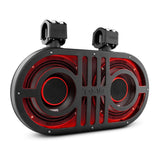 Black DS18 dual-speaker soundbar with red illumination, front grille and two mounting clamps