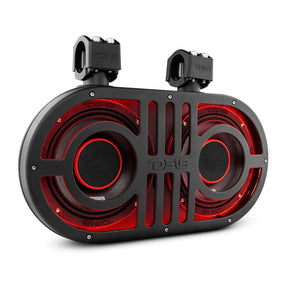 Black DS18 dual-speaker soundbar with red illumination, front grille and two mounting clamps