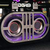 DS18 dual-speaker pod with purple lighting clamped to a horizontal bar