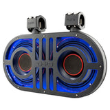 Angled view of a black dual-speaker soundbar with blue illumination and two mounting clamps