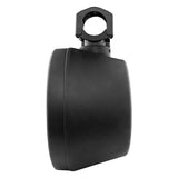 Side view of a black speaker pod showing its curved housing and mounting clamp