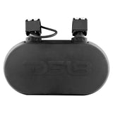 Rear view of a black DS18 dual-speaker pod with two mounting clamps and a cable