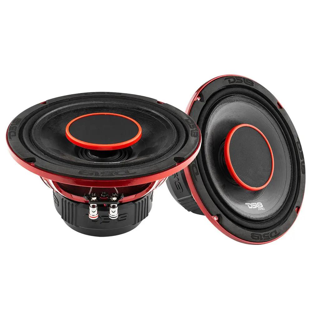 Two loose black speaker drivers with red trim, one angled to show basket and terminals