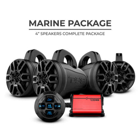Marine package graphic showing four 4-inch tower speakers, a red amplifier and a round controller with Bluetooth pairing and playback buttons