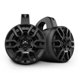 Two black DS18 pod speakers shown from the front with mounting loops above them