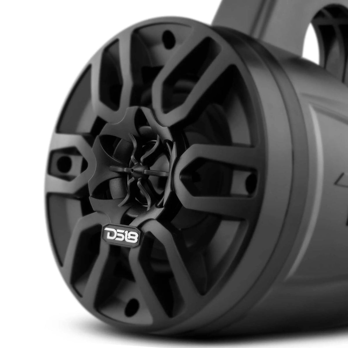 Close-up of a black DS18 tower speaker grille and central tweeter