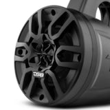 Close-up of a black DS18 tower speaker grille and central tweeter