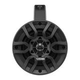 Front view of one gray DS18 tower speaker with black grille and mounting loop