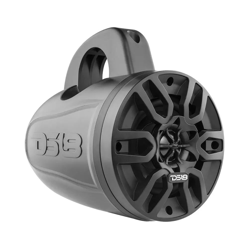Angled view of one gray DS18 tower speaker showing black grille and rounded housing
