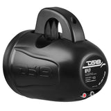Rear angled view of a black DS18 MP4TP pod speaker showing its model label, red and black terminals and mounting loop