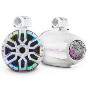 White DS18 tower speaker shown from front and rear, with multicolor lighting and mounting clamps