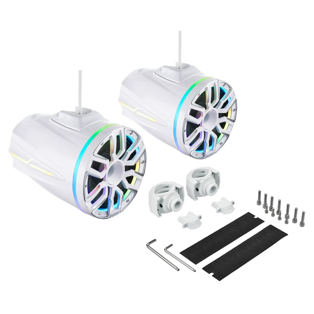 Two white illuminated tower speakers laid out with detachable clamps, mounting pads, bolts and hex keys