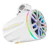 Angled view of a white tower speaker with multicolor lighting around the front grille and along the enclosure