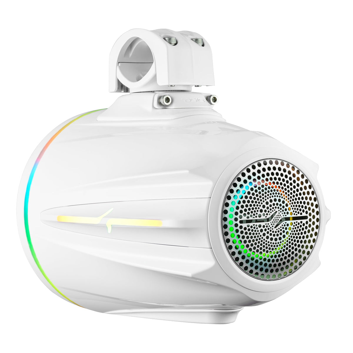 Rear-angle view of a white DS18 tower speaker with multicolor rear-grille and side lighting
