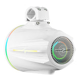 Rear-angle view of a white DS18 tower speaker with multicolor rear-grille and side lighting