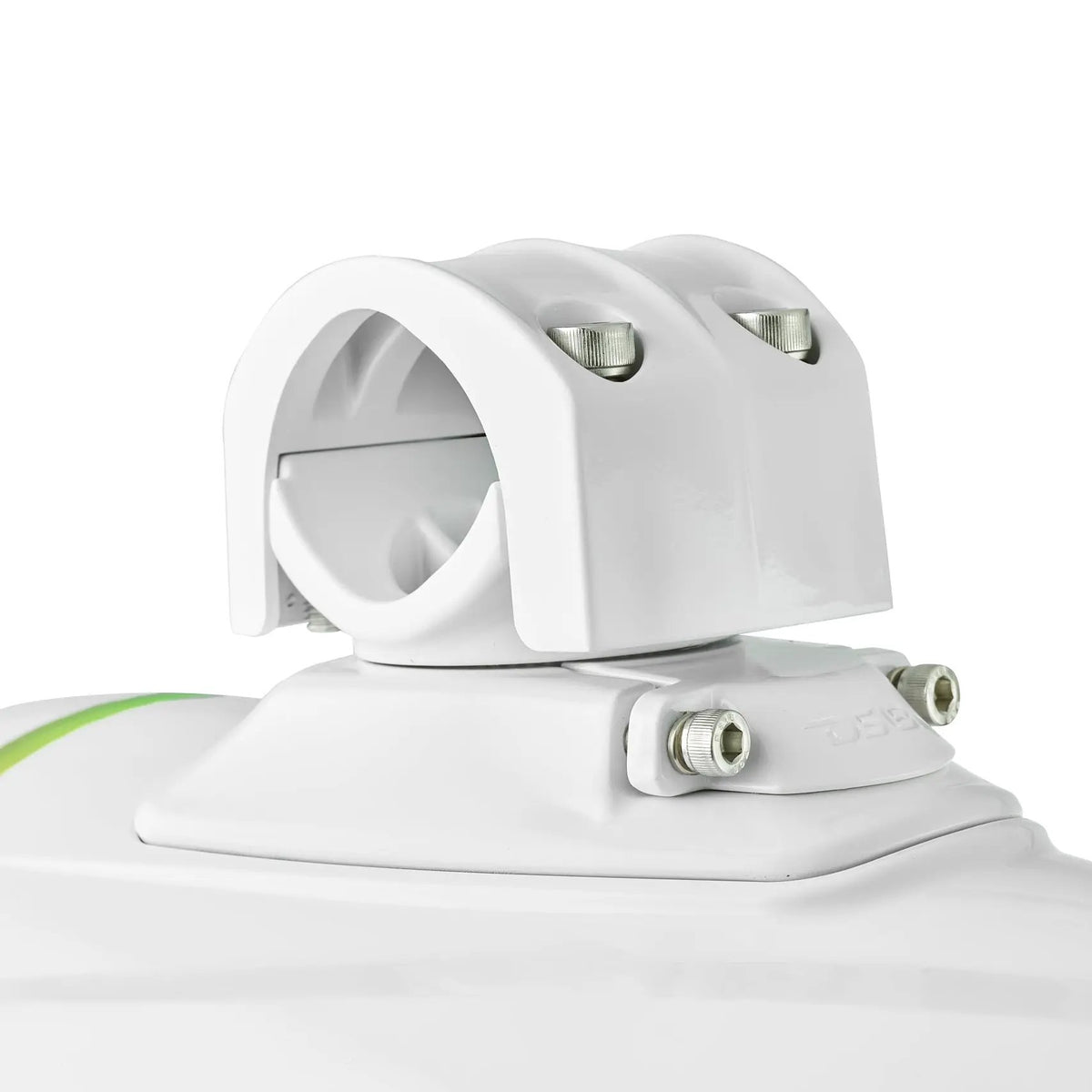 Close-up of a white tower-speaker clamp, mounting base and silver fasteners
