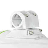 Close-up of a white tower-speaker clamp, mounting base and silver fasteners