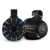 Pair of black DS18 tower-speaker pods with illuminated trim and mounting clamps