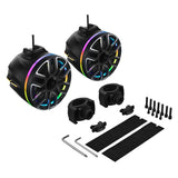 Two black illuminated tower speakers laid out with detachable clamps, mounting pads, bolts and hex keys