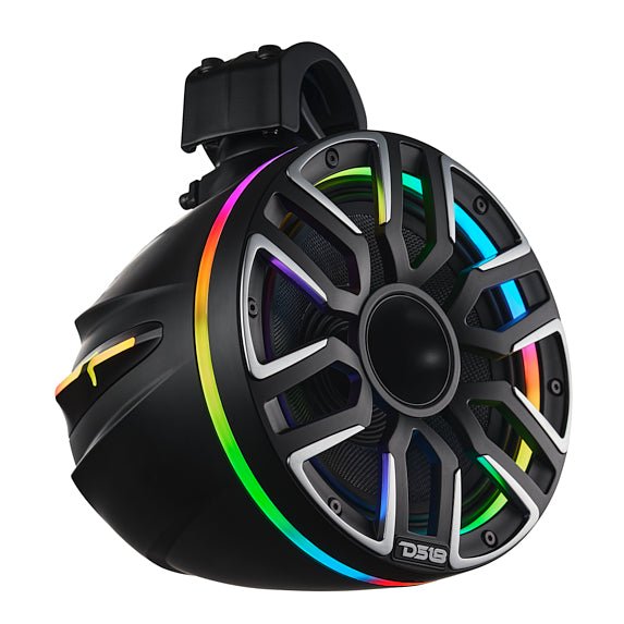 Black DS18 tower speaker angled to show its left side, silver grille accents and multicolor lighting