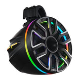 Black DS18 tower speaker angled to show its left side, silver grille accents and multicolor lighting