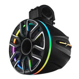 Black DS18 tower speaker angled to show its right side, silver grille accents and multicolor lighting