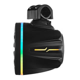 Black tower-speaker pod with illuminated trim and a mounting clamp, side view